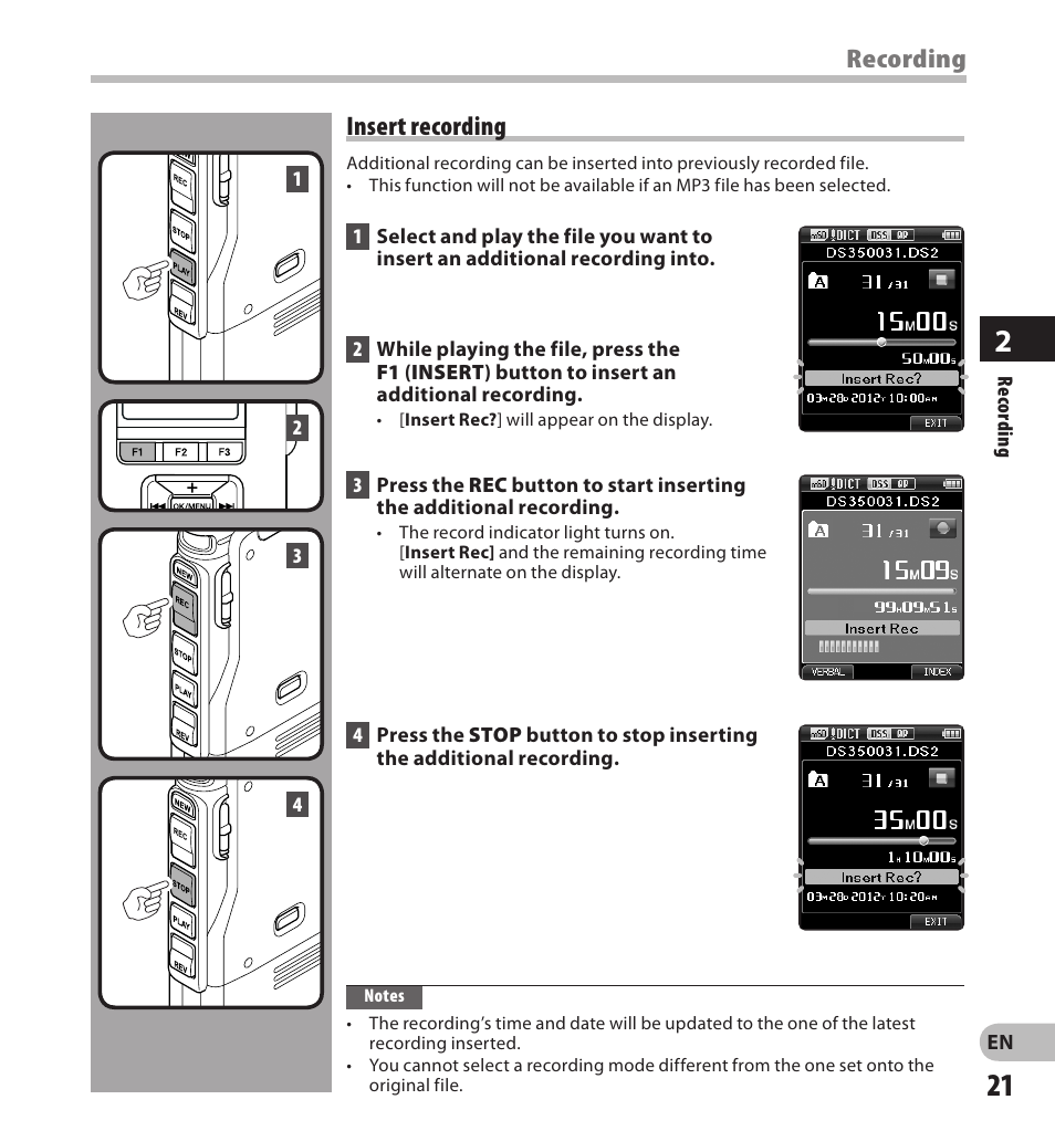 Recording, Insert recording | Olympus DS-3500 User Manual | Page 21 / 56