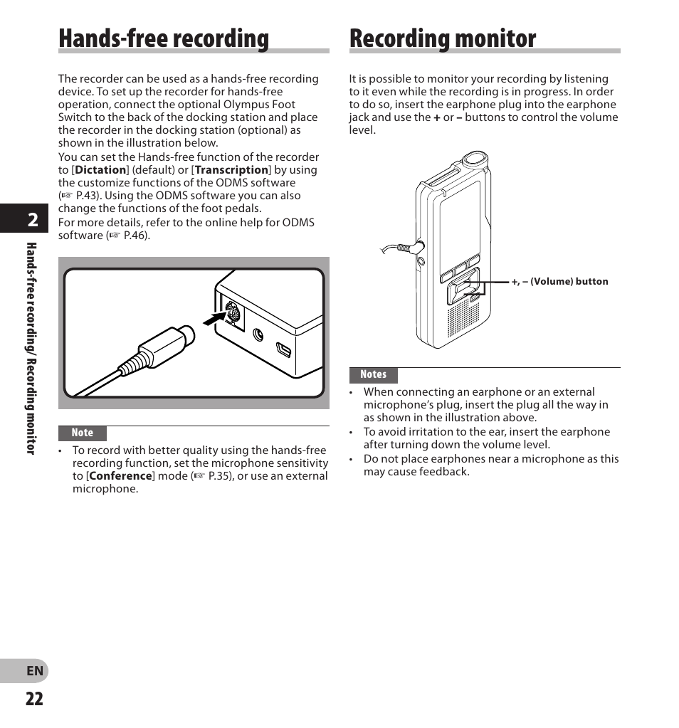 Hands-free recording, Recording monitor | Olympus DS-3500 User Manual | Page 22 / 56