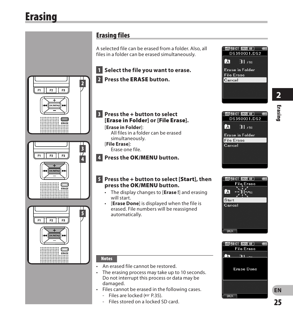 Erasing, Erasing files | Olympus DS-3500 User Manual | Page 25 / 56