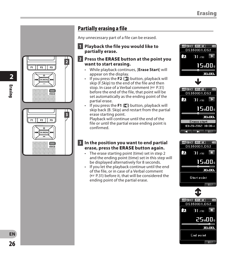 Erasing partially erasing a file | Olympus DS-3500 User Manual | Page 26 / 56