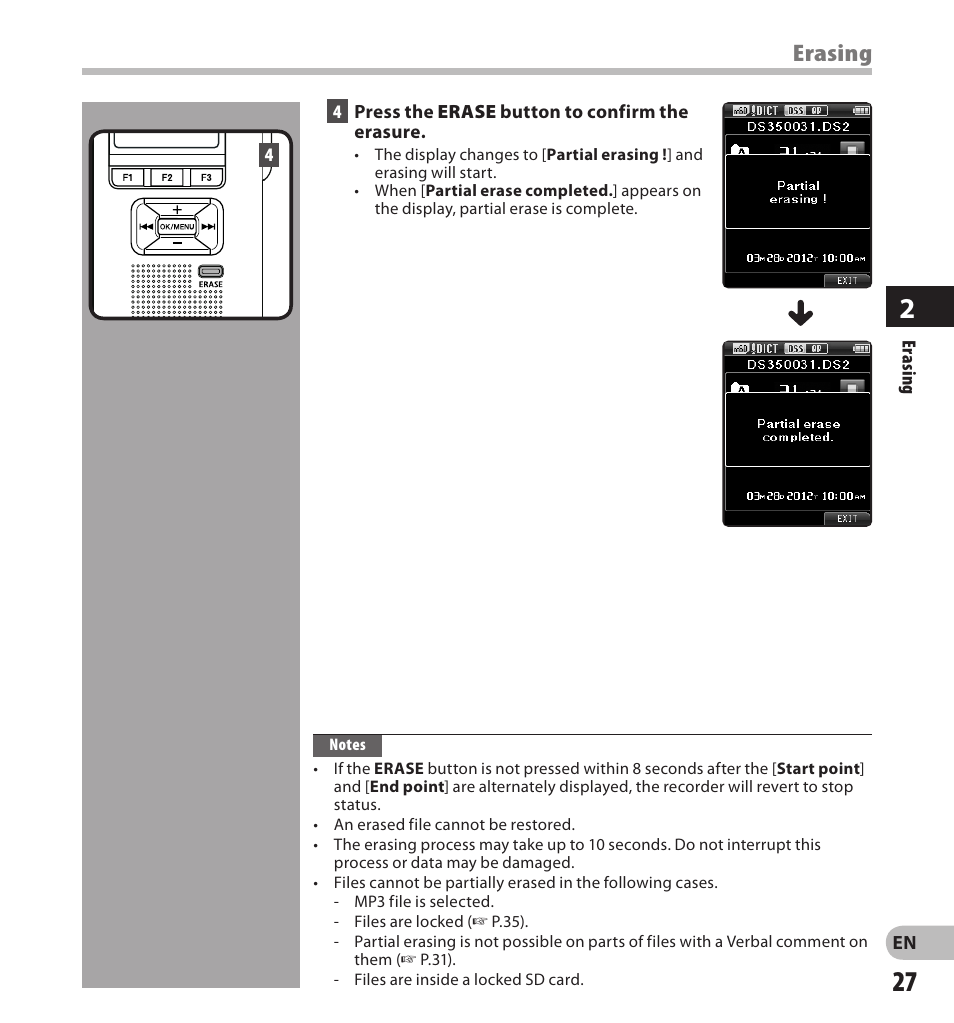 Erasing | Olympus DS-3500 User Manual | Page 27 / 56