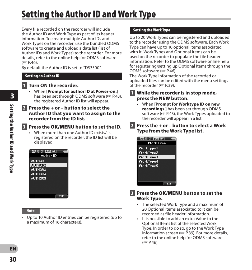 Setting the author id and work type | Olympus DS-3500 User Manual | Page 30 / 56