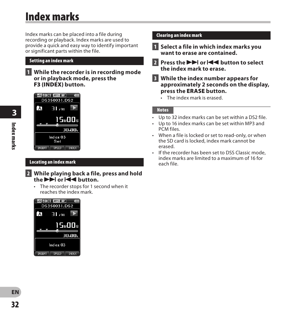 Index marks | Olympus DS-3500 User Manual | Page 32 / 56