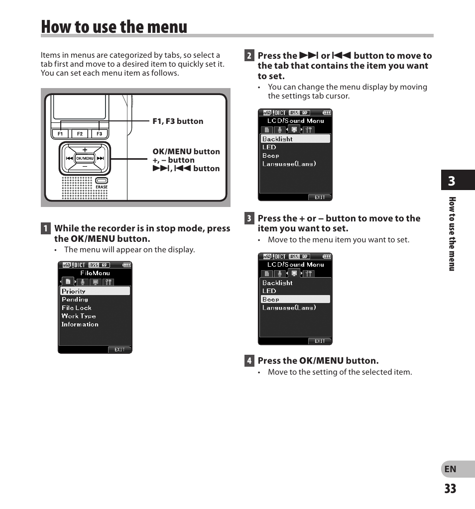 How to use the menu | Olympus DS-3500 User Manual | Page 33 / 56