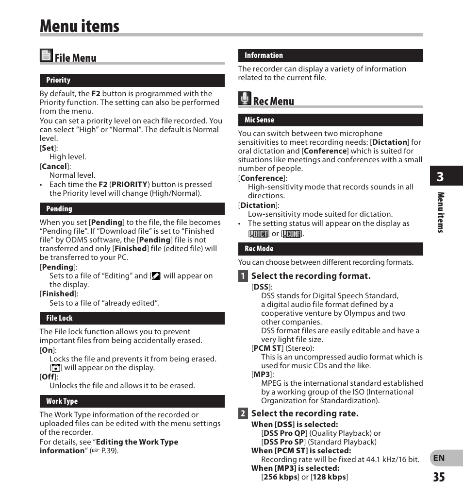 Menu items, Rec menu, File menu | Olympus DS-3500 User Manual | Page 35 / 56