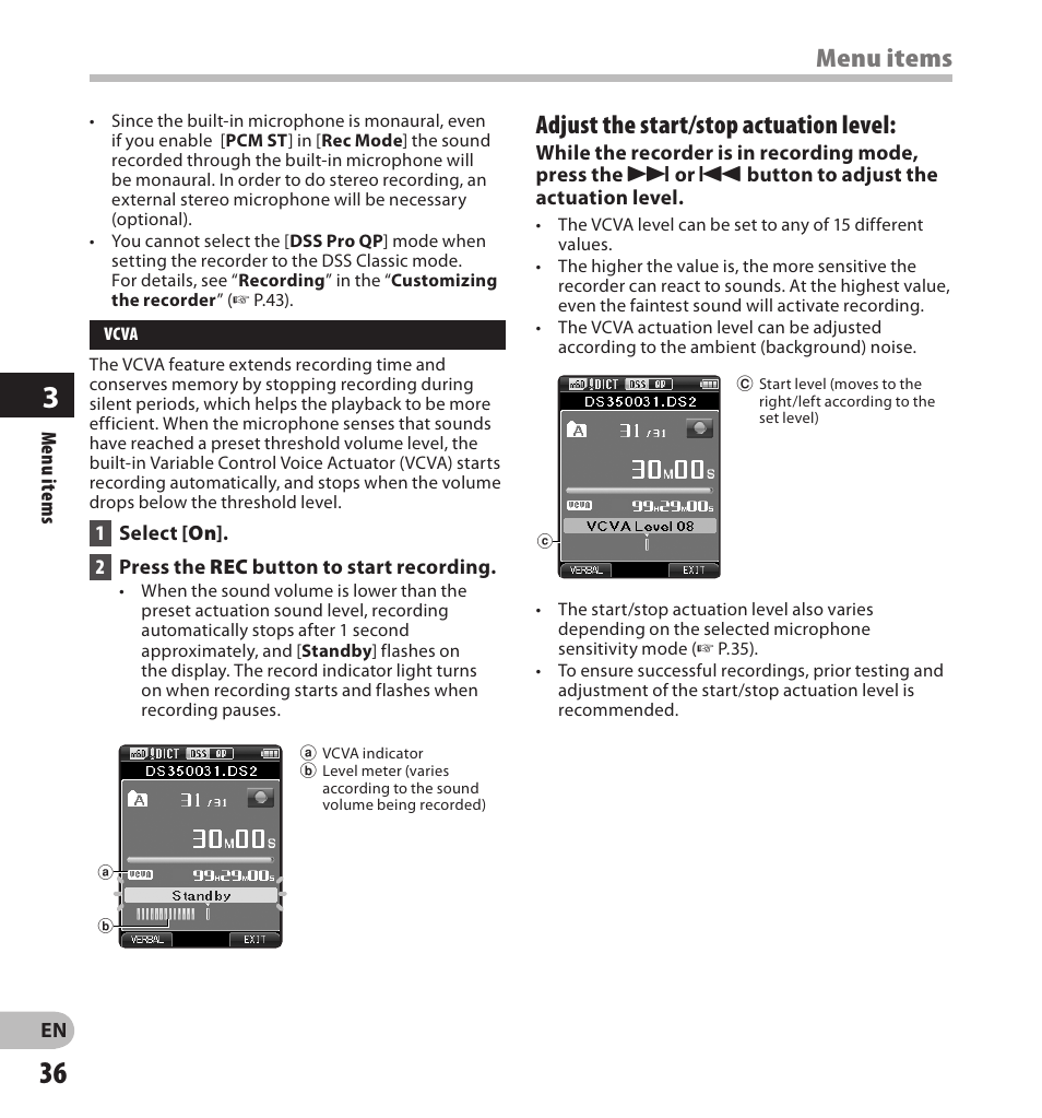 Menu items, Adjust the start/stop actuation level | Olympus DS-3500 User Manual | Page 36 / 56