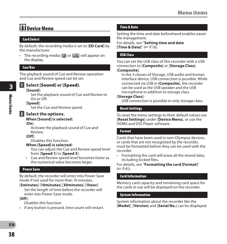 Menu items, Device menu | Olympus DS-3500 User Manual | Page 38 / 56