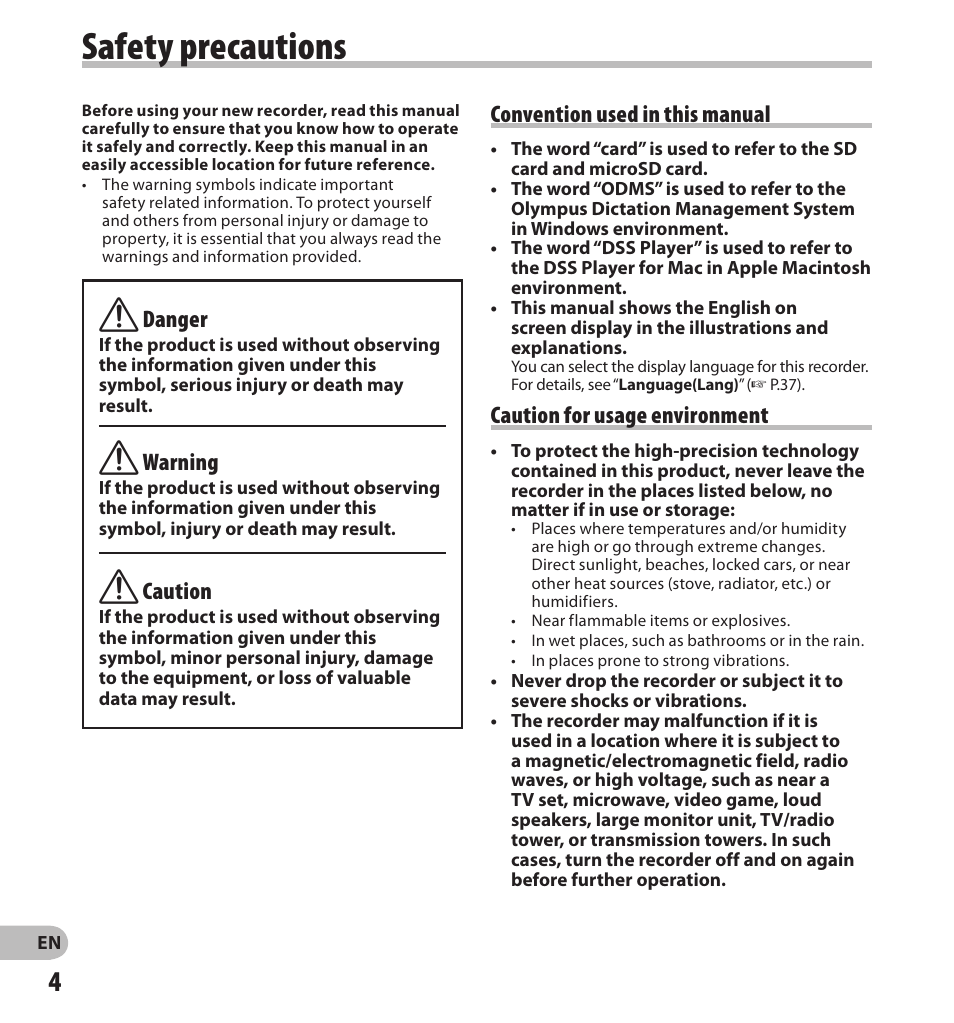 Safety precautions, Convention used in this manual, Caution for usage environment | F danger, F warning, F caution | Olympus DS-3500 User Manual | Page 4 / 56