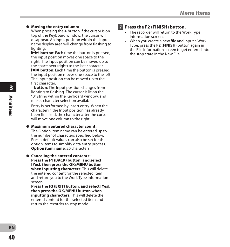 Menu items | Olympus DS-3500 User Manual | Page 40 / 56