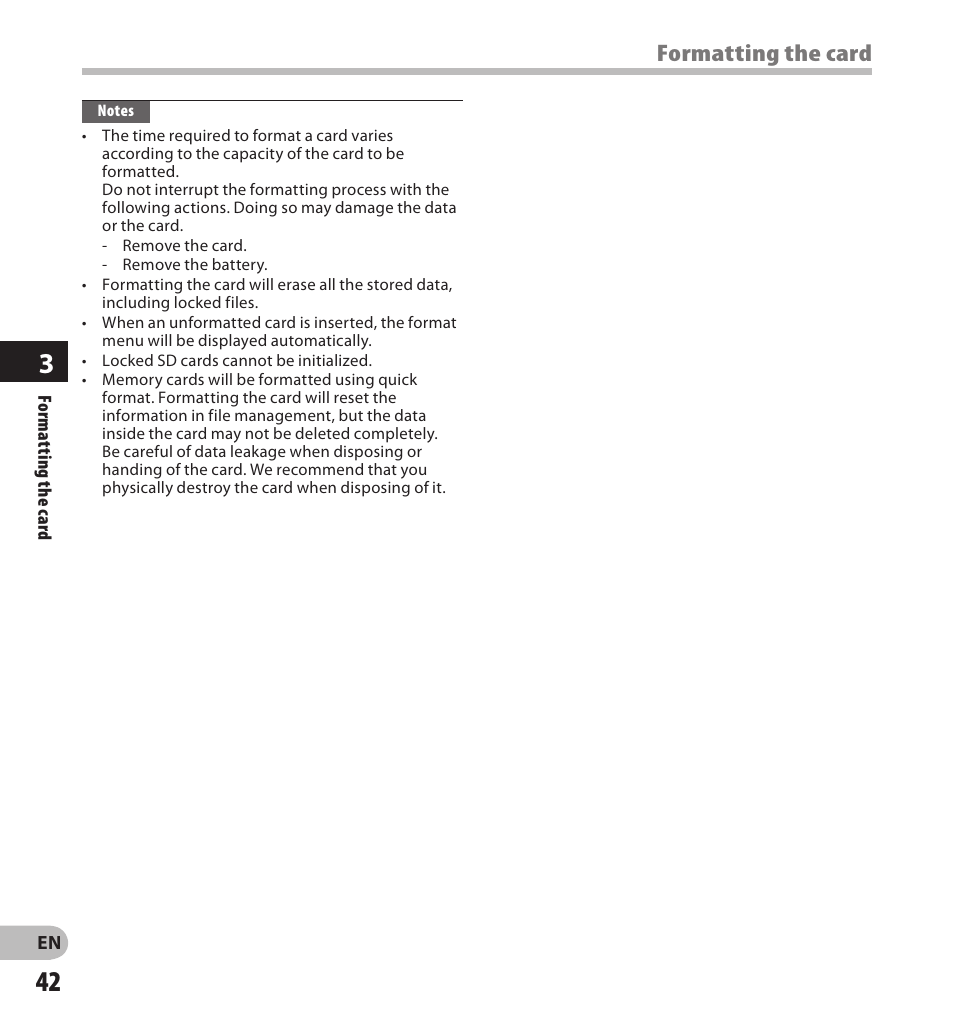 Formatting the card | Olympus DS-3500 User Manual | Page 42 / 56