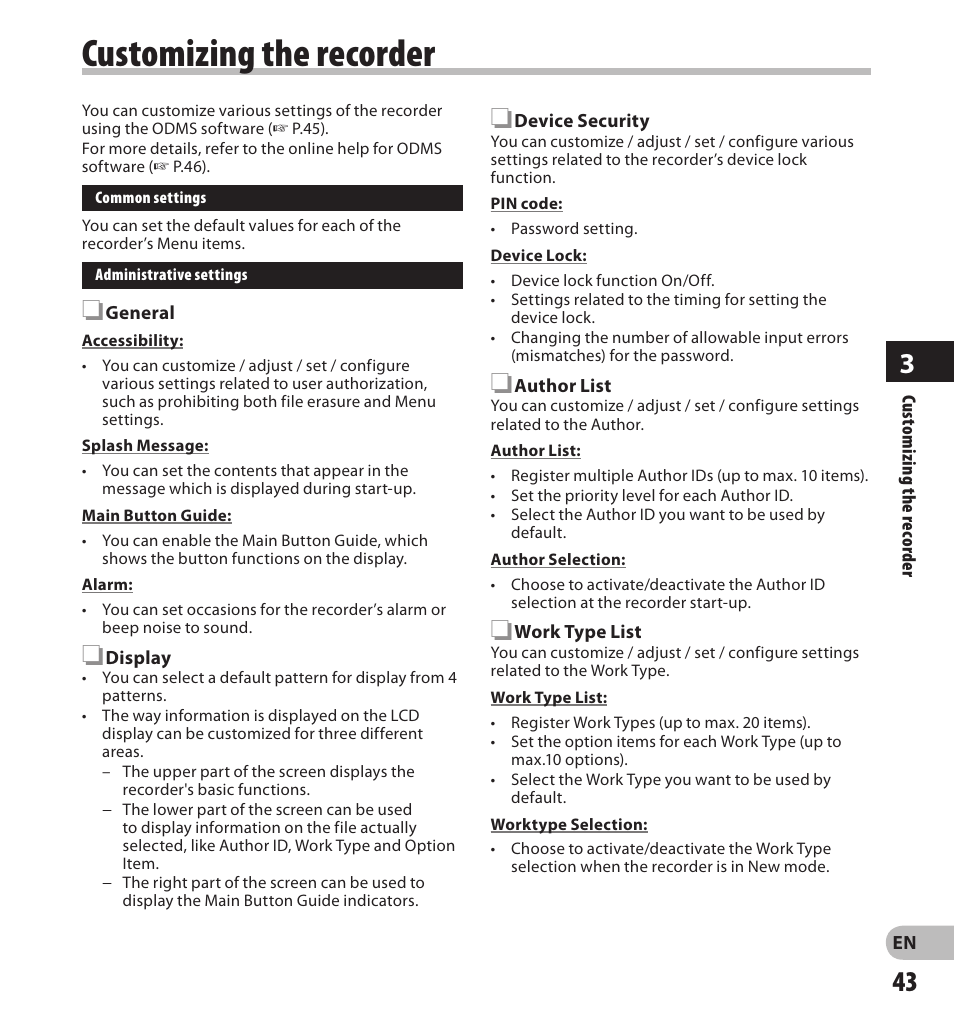 Customizing the recorder | Olympus DS-3500 User Manual | Page 43 / 56