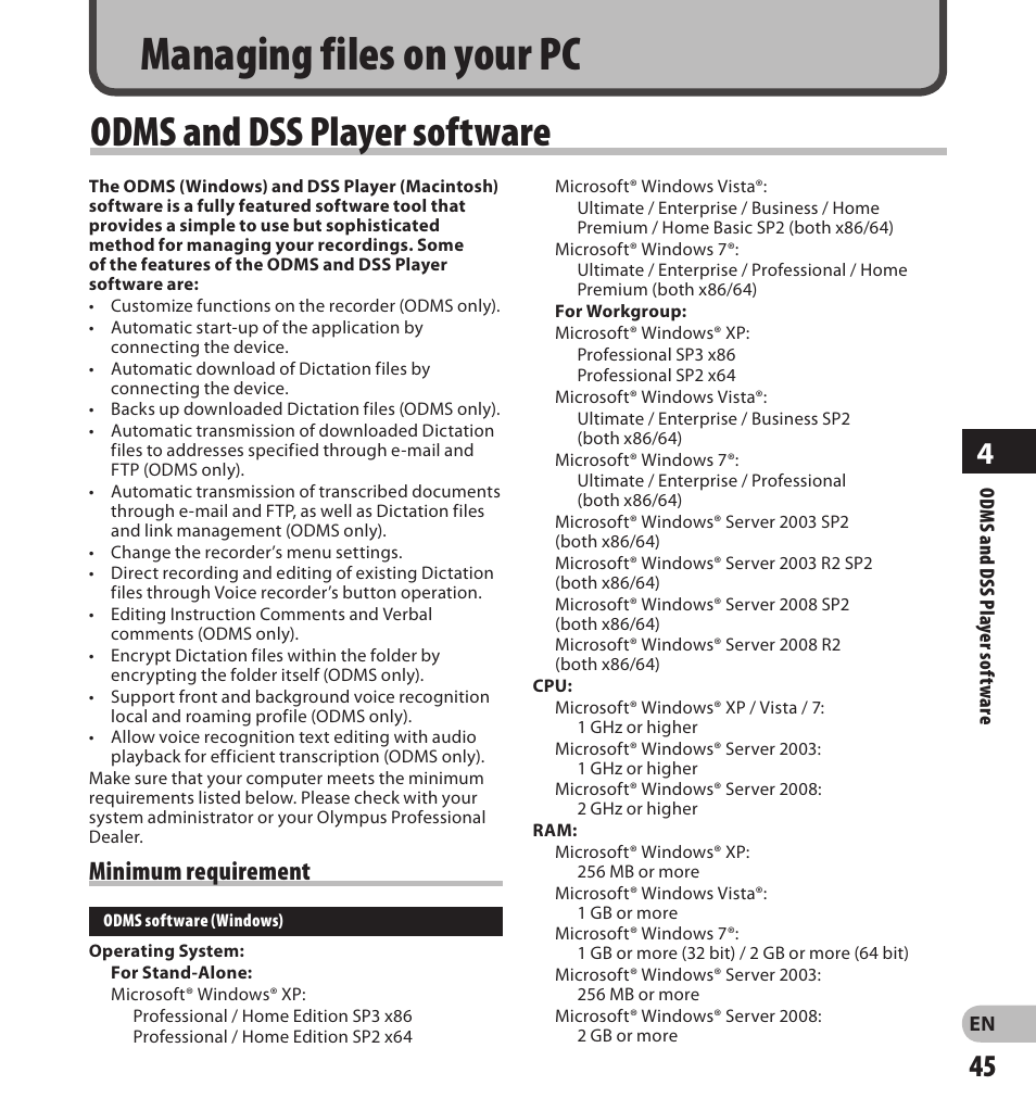 Managing files on your pc, Odms and dss player software, Minimum requirement | Olympus DS-3500 User Manual | Page 45 / 56