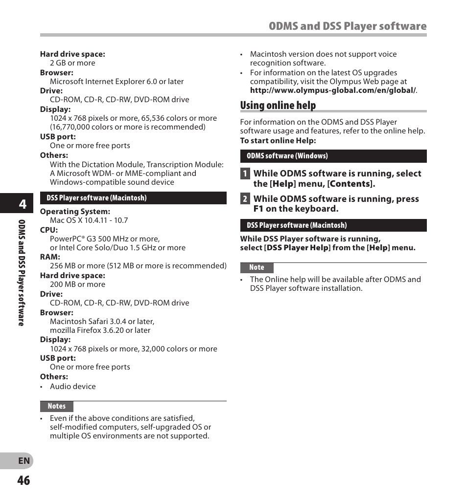 Odms and dss player software, Using online help | Olympus DS-3500 User Manual | Page 46 / 56