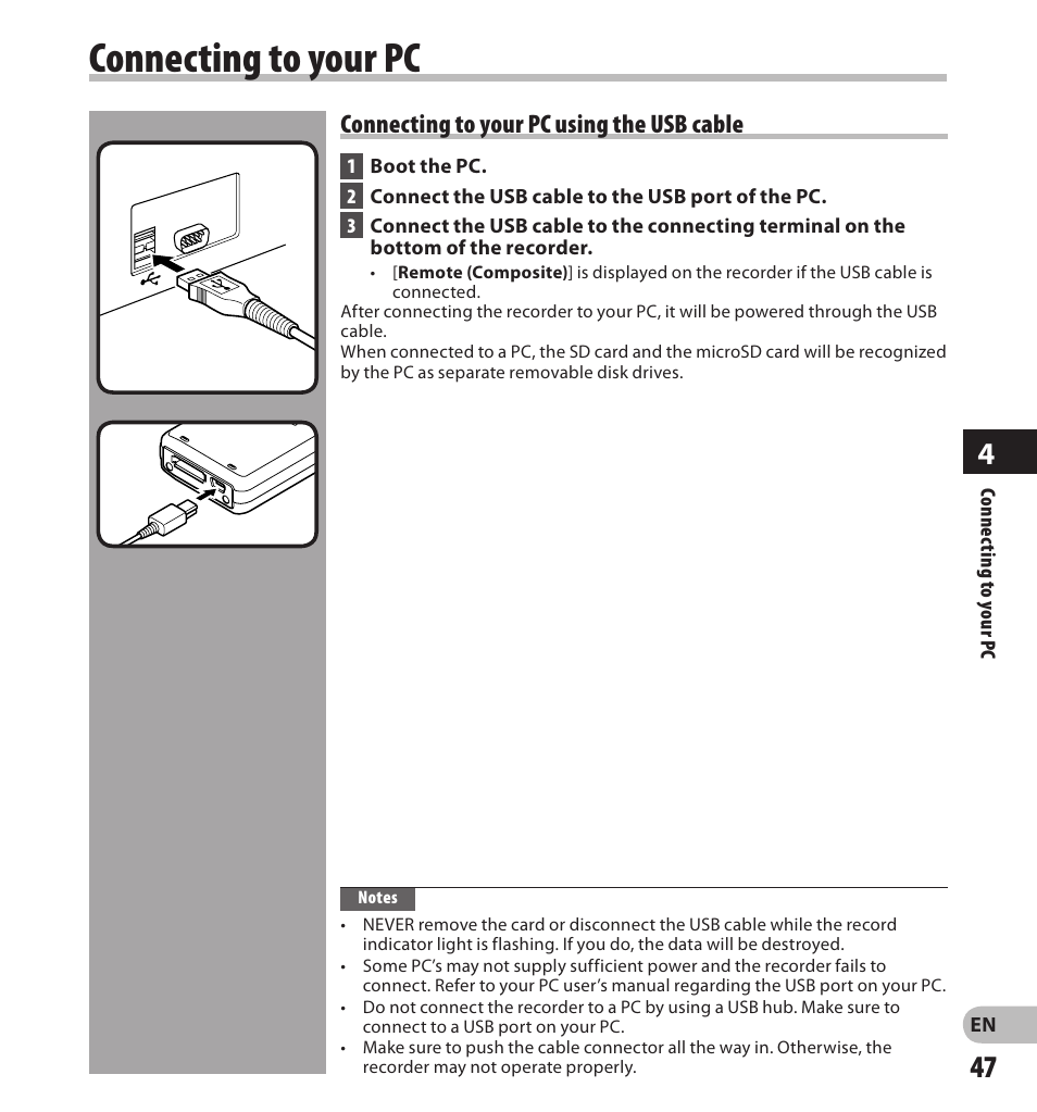 Connecting to your pc, Connecting to your pc using the usb cable | Olympus DS-3500 User Manual | Page 47 / 56