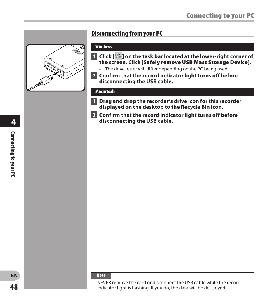 Connecting to your pc, Disconnecting from your pc | Olympus DS-3500 User Manual | Page 48 / 56