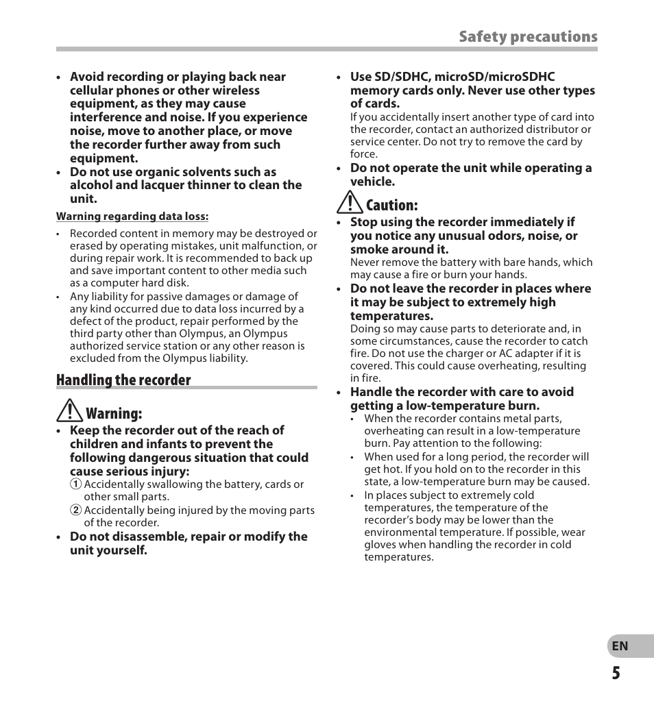 Safety precautions, Handling the recorder f warning, F caution | Olympus DS-3500 User Manual | Page 5 / 56