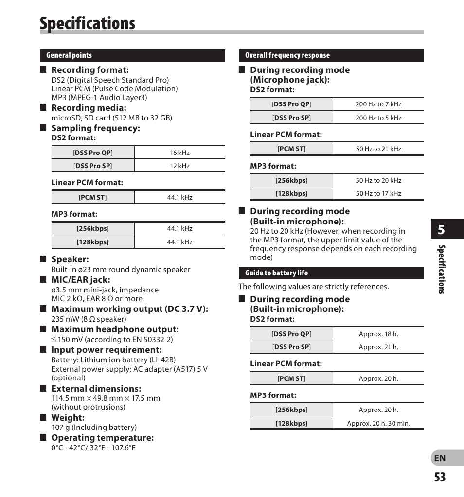 Specifications | Olympus DS-3500 User Manual | Page 53 / 56