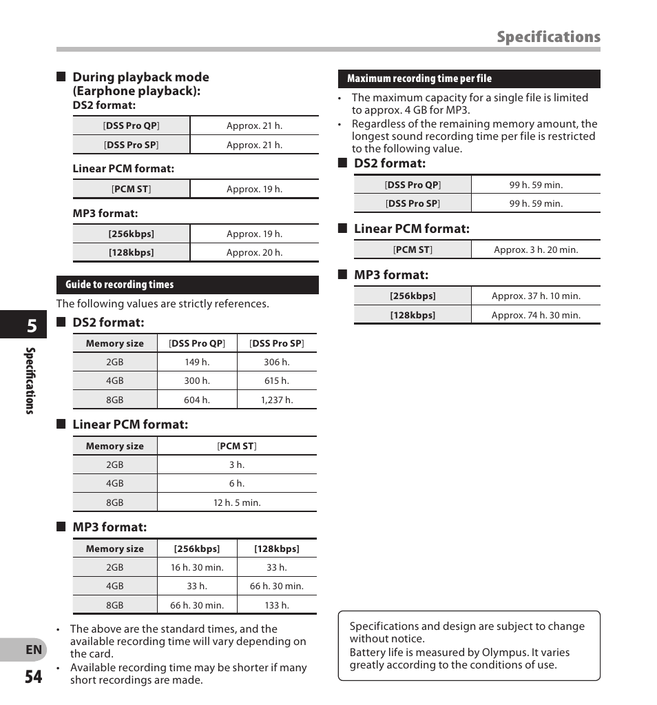 Specifications | Olympus DS-3500 User Manual | Page 54 / 56