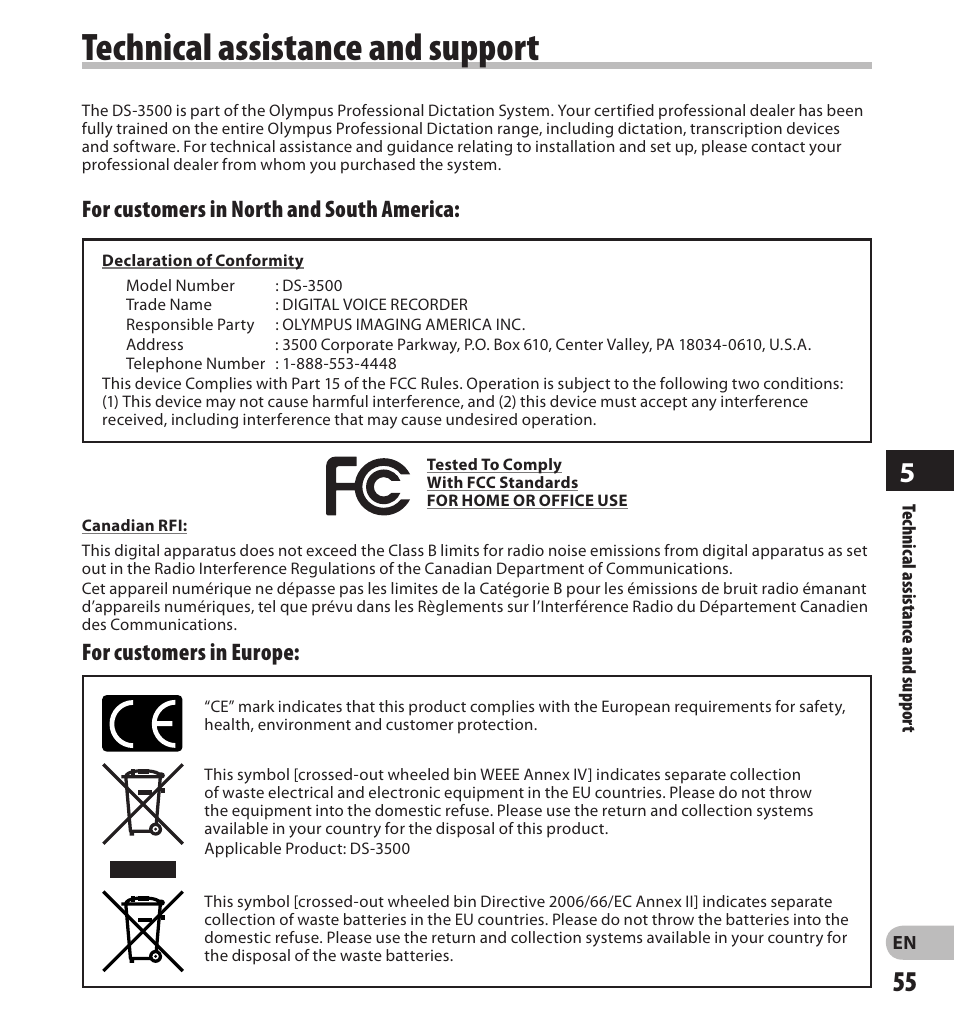 Technical assistance and support, For customers in europe, For customers in north and south america | Olympus DS-3500 User Manual | Page 55 / 56