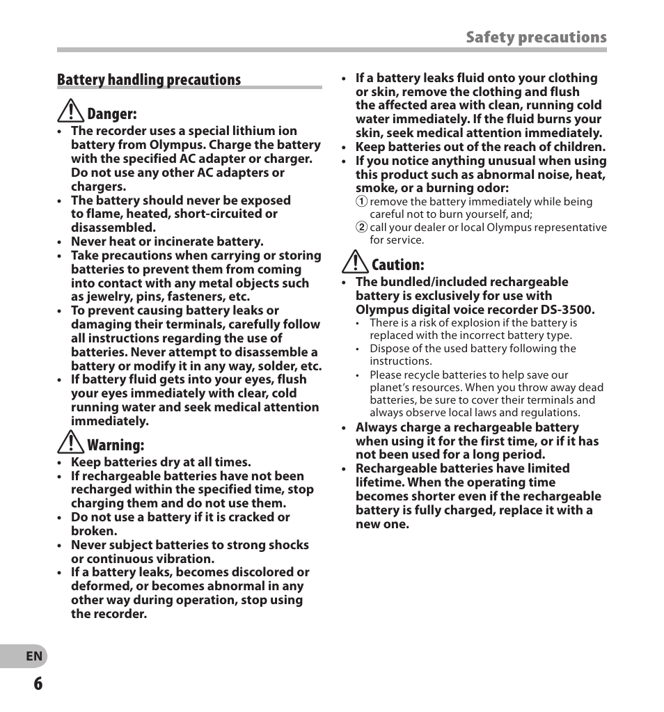 Safety precautions, F caution, Battery handling precautions f danger | F warning | Olympus DS-3500 User Manual | Page 6 / 56