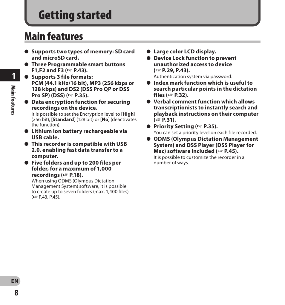 Getting started, Main features | Olympus DS-3500 User Manual | Page 8 / 56