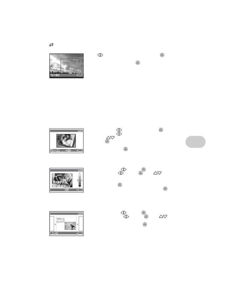 Cropping a picture, Changing pictures to black and white, Changing pictures to a sepia tone | Synthesize the frame and the picture, Add a label to your picture, Create a calendar print with a picture, Men u o perat io ns | Olympus µ 1000 User Manual | Page 25 / 80