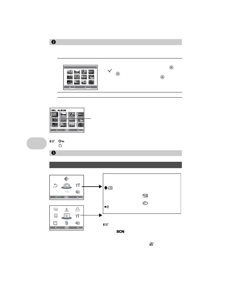 Playback menu, Undoing album entries, Selecting the label image (album cover) | Close album, Setup menus, Setup menus” (p. 30), 2 playback menu, 3 close album, Men u o perat io ns, Undo entry | Olympus µ 1000 User Manual | Page 30 / 80
