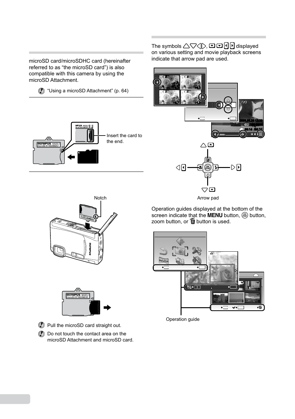 Arrow pad and operation guide, Insert the microsd card into the attachment, Insert the microsd attachment into the camera | Olympus µ TOUGH-6000 User Manual | Page 12 / 78
