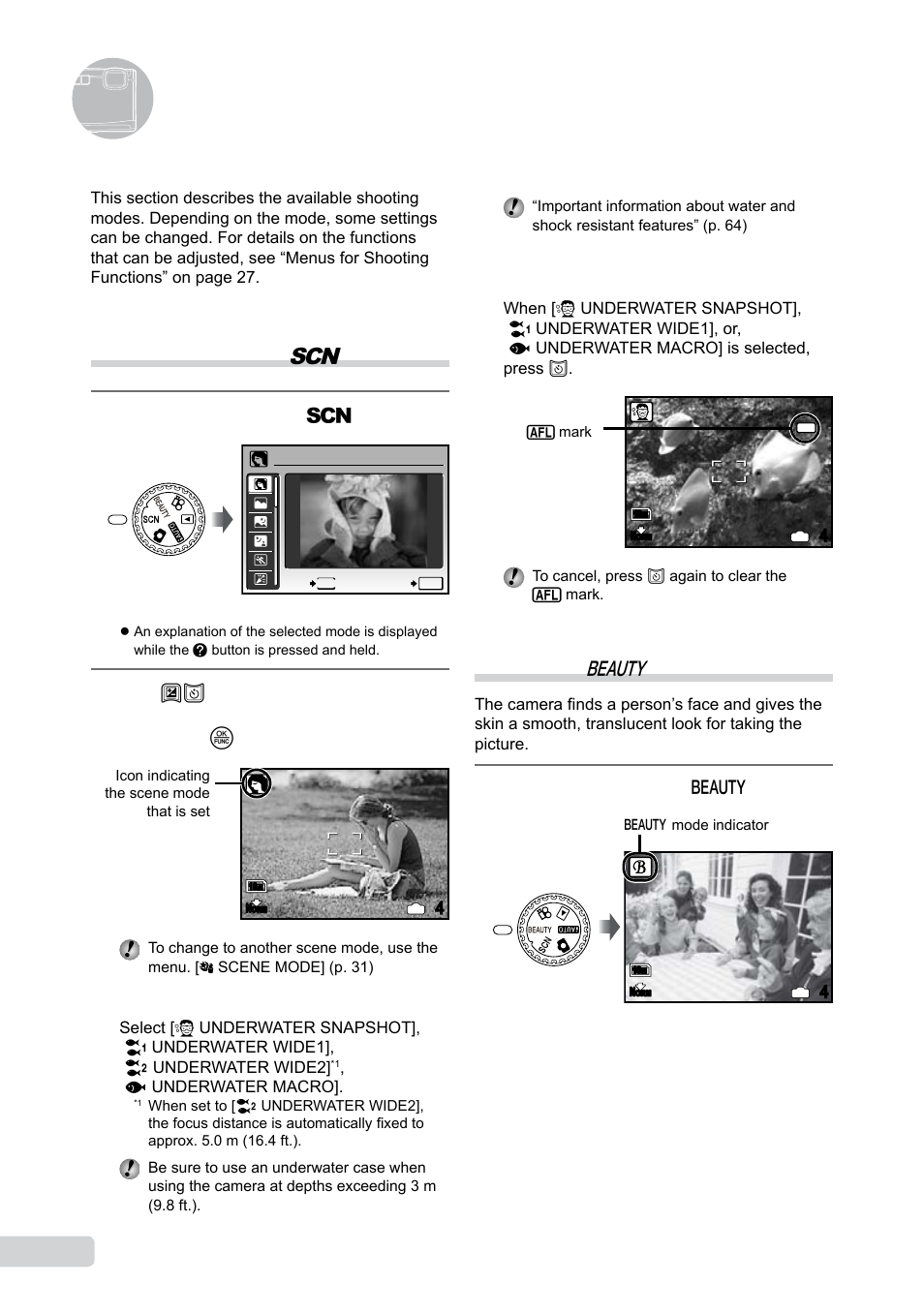 Using shooting modes, Using the best mode for the shooting scene, Enhancing skin tone and texture | 1 en, Enhancing skin tone and texture (b mode), Set the mode dial to b, Set the mode dial to | Olympus µ TOUGH-6000 User Manual | Page 18 / 78