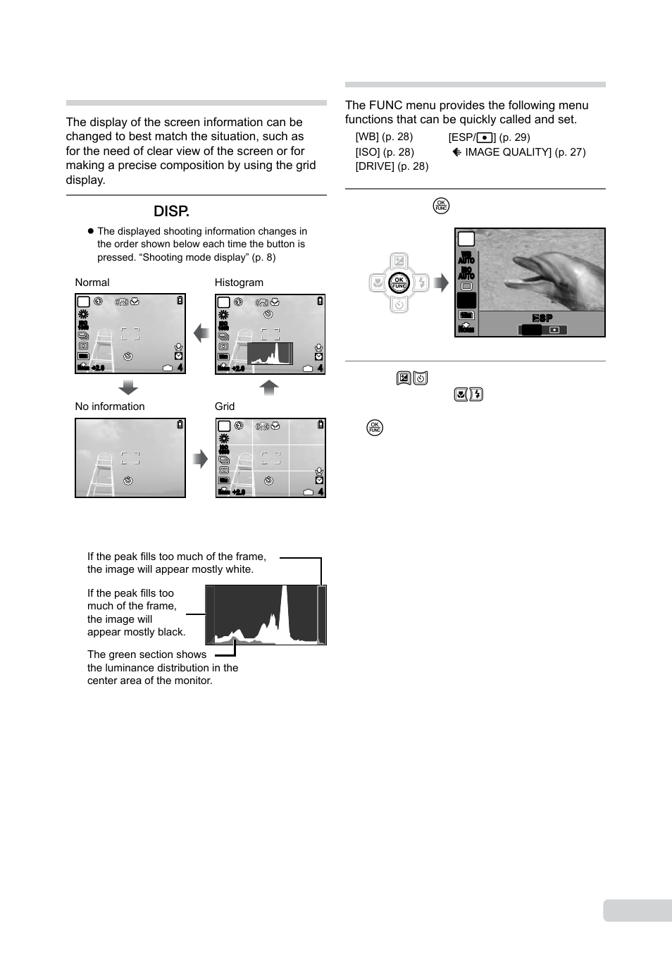 Changing the shooting information display, Using the func menu, En changing the shooting information display | Press the g button, Press the o button, Reading a histogram | Olympus µ TOUGH-6000 User Manual | Page 23 / 78