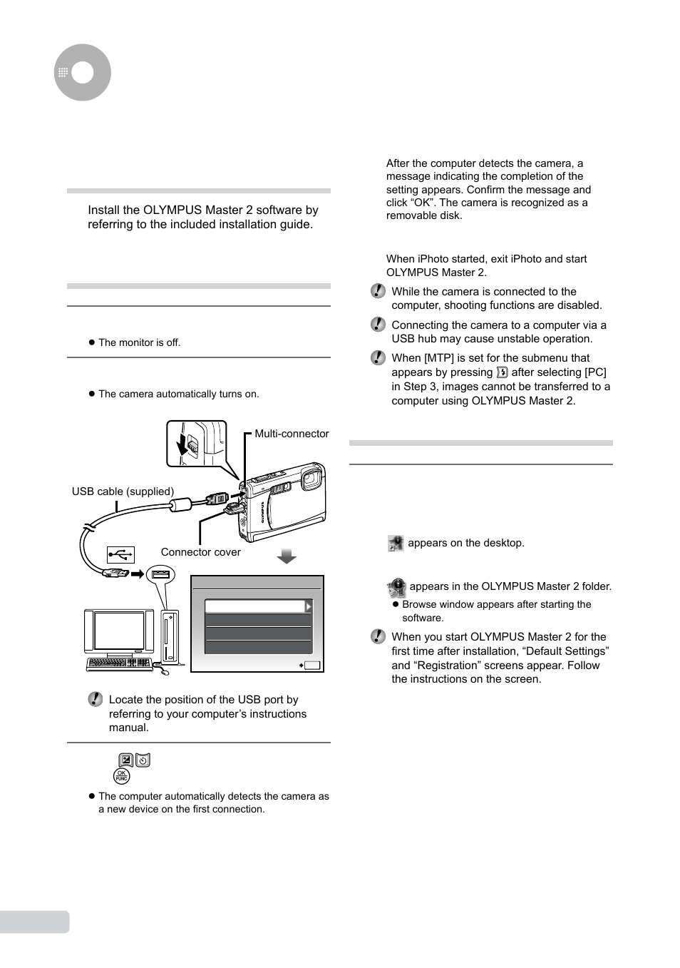 Using olympus master 2, Connecting the camera to a computer, Starting olympus master 2 | Olympus µ TOUGH-6000 User Manual | Page 54 / 78