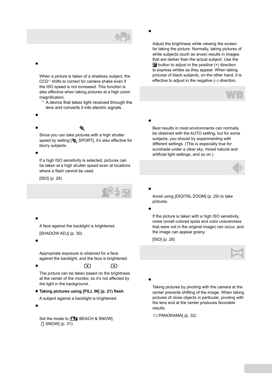 Camera shake, Exposure (brightness), Color hue | Image quality, Panorama | Olympus µ TOUGH-6000 User Manual | Page 59 / 78