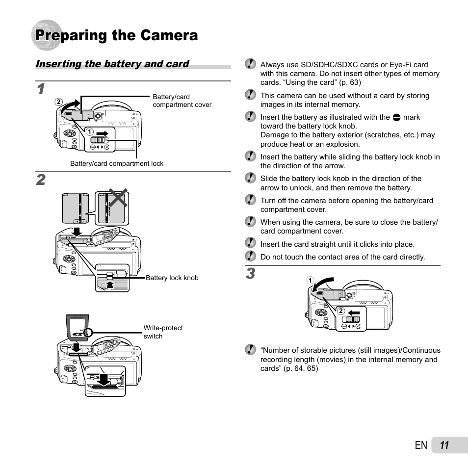 Preparing the camera, 11 en, Inserting the battery and card | Olympus SZ-14 User Manual | Page 11 / 80