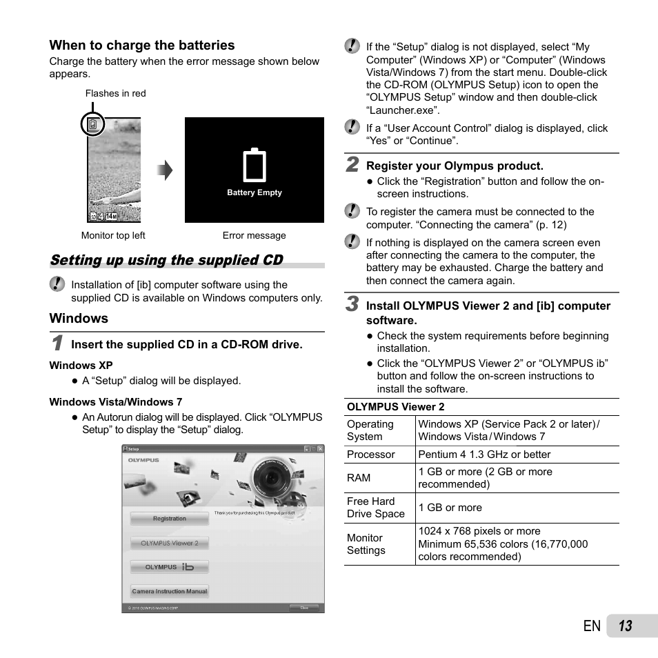 13 en, Setting up using the supplied cd | Olympus SZ-14 User Manual | Page 13 / 80