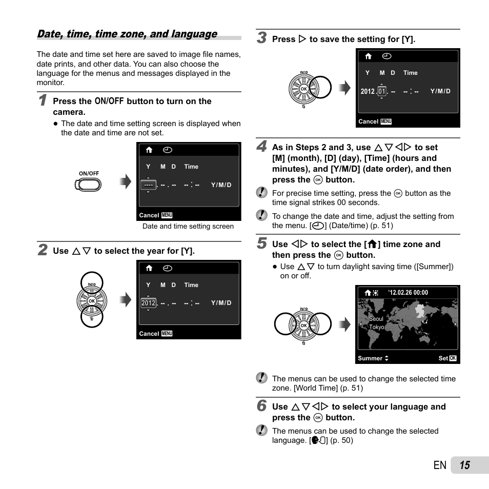 15 en, Date, time, time zone, and language | Olympus SZ-14 User Manual | Page 15 / 80