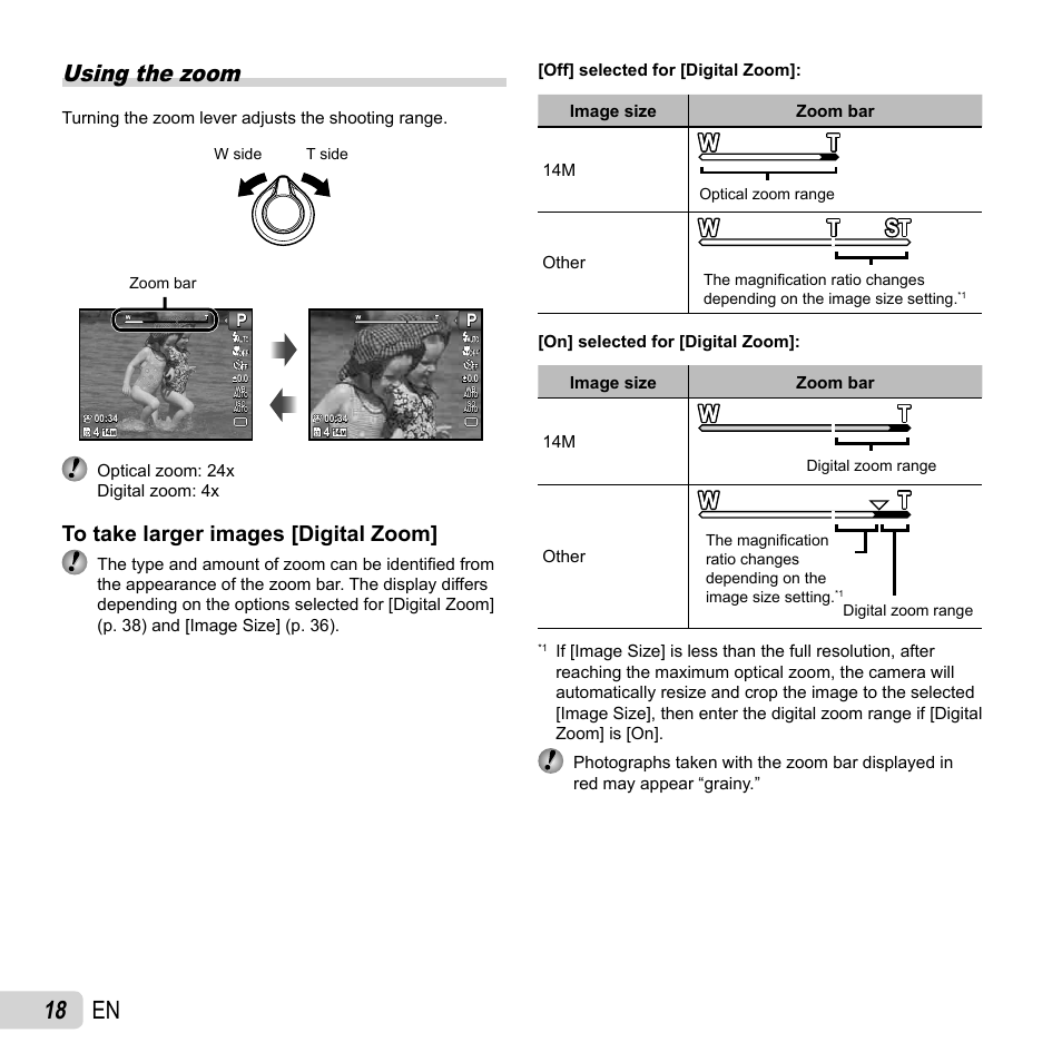18 en, Using the zoom, Other | Turning the zoom lever adjusts the shooting range, Optical zoom: 24x digital zoom: 4x | Olympus SZ-14 User Manual | Page 18 / 80