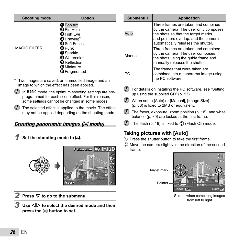 26 en, Creating panoramic images ( p mode), Taking pictures with [auto | Olympus SZ-14 User Manual | Page 26 / 80