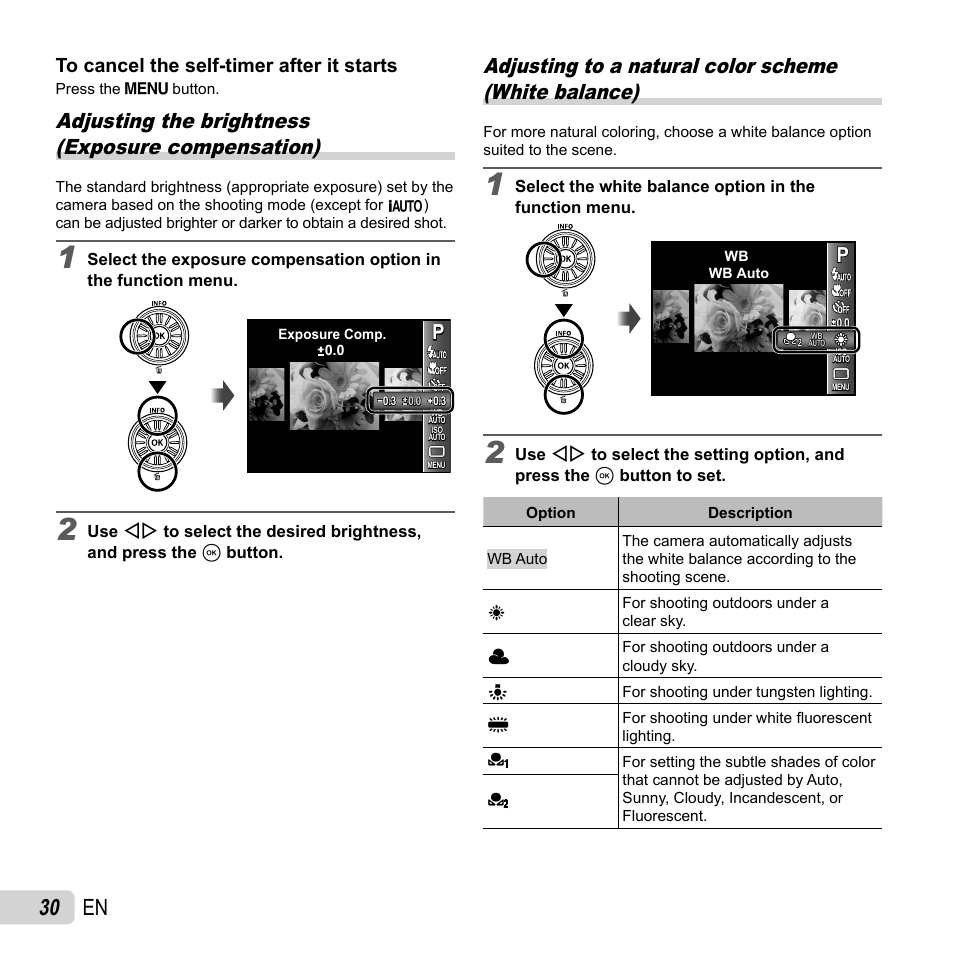 30 en, Adjusting the brightness (exposure compensation) | Olympus SZ-14 User Manual | Page 30 / 80