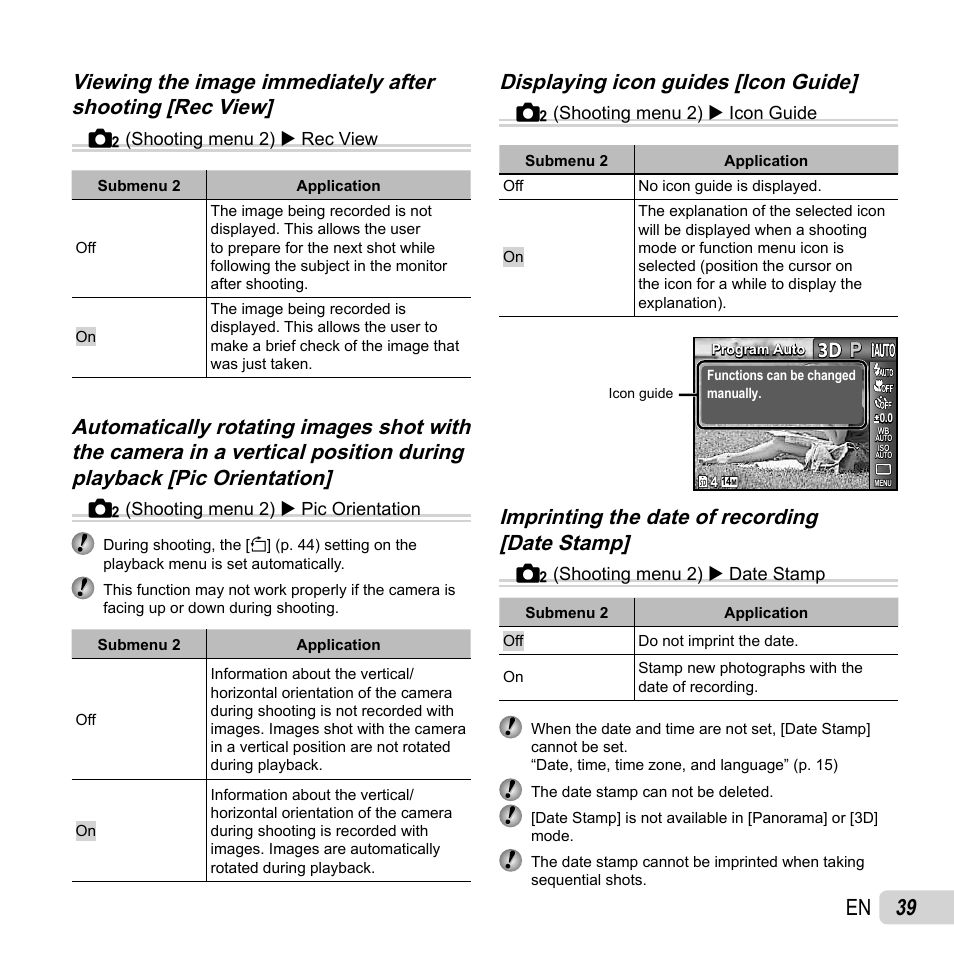 39 en, Displaying icon guides [icon guide | Olympus SZ-14 User Manual | Page 39 / 80