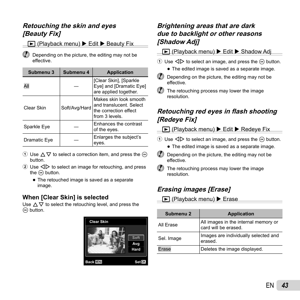 43 en, Erasing images [erase | Olympus SZ-14 User Manual | Page 43 / 80