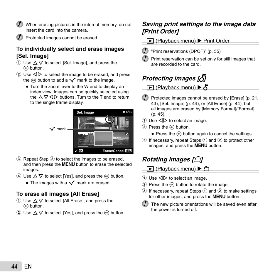 44 en, Protecting images [ protecting images [ r r, Rotating images [ rotating images [ y y | Olympus SZ-14 User Manual | Page 44 / 80