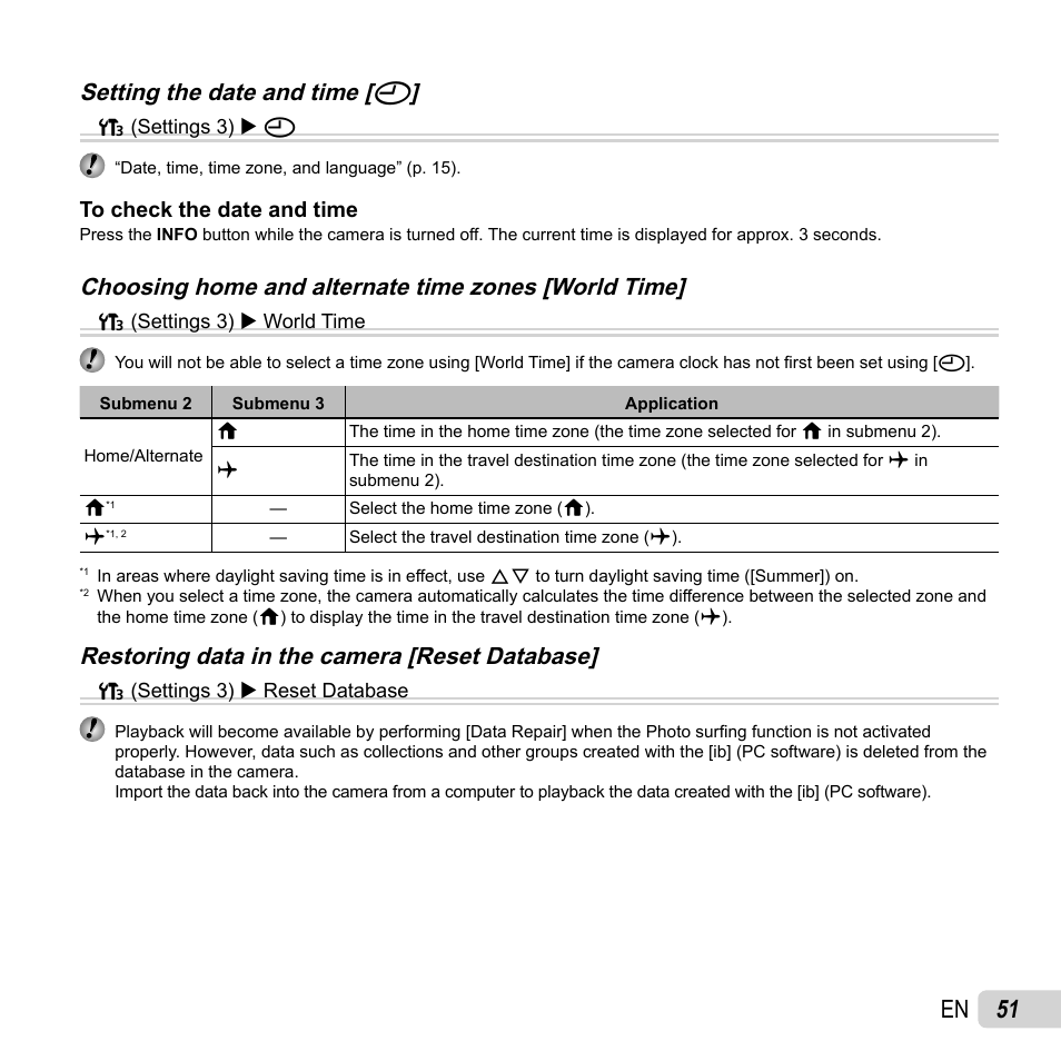 51 en, Setting the date and time, Setting the date and time [ x x | Choosing home and alternate time zones [world time, Restoring data in the camera [reset database | Olympus SZ-14 User Manual | Page 51 / 80