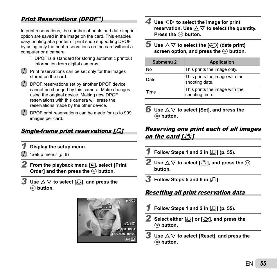 55 en, Print reservations (dpof, Single-frame print reservations | Resetting all print reservation data | Olympus SZ-14 User Manual | Page 55 / 80