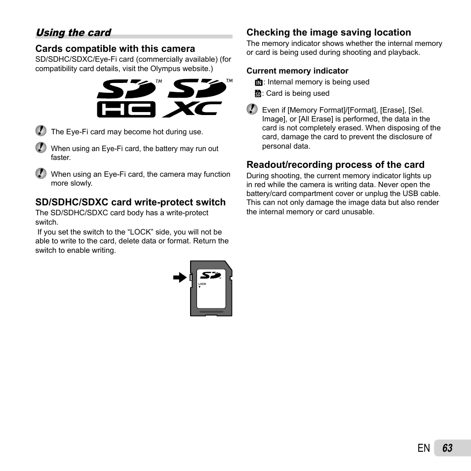 63 en, Using the card | Olympus SZ-14 User Manual | Page 63 / 80
