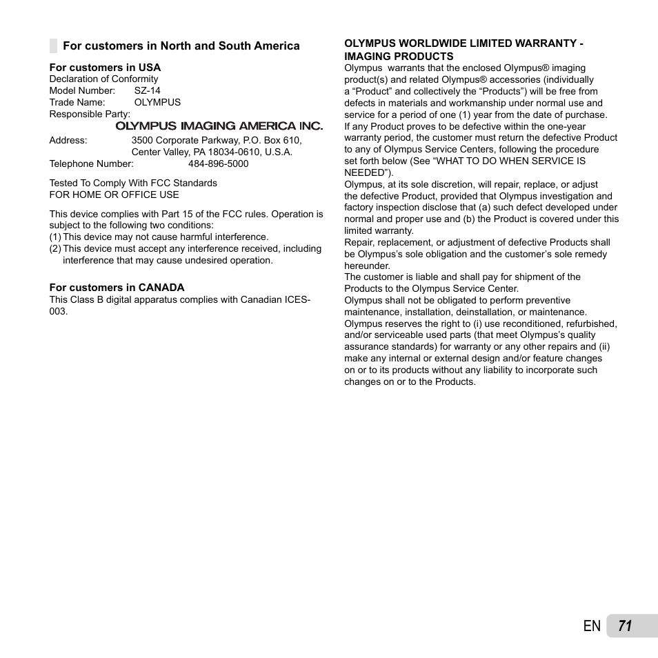 71 en | Olympus SZ-14 User Manual | Page 71 / 80