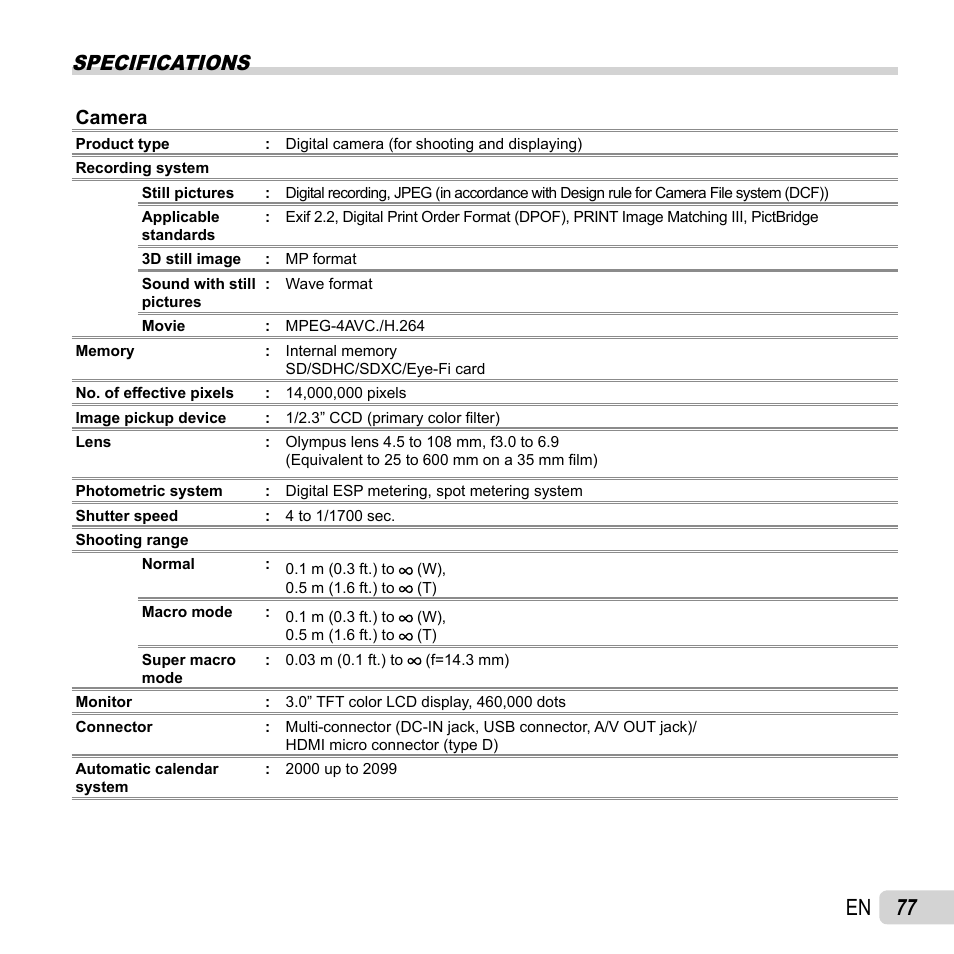 77 en, Specifications | Olympus SZ-14 User Manual | Page 77 / 80