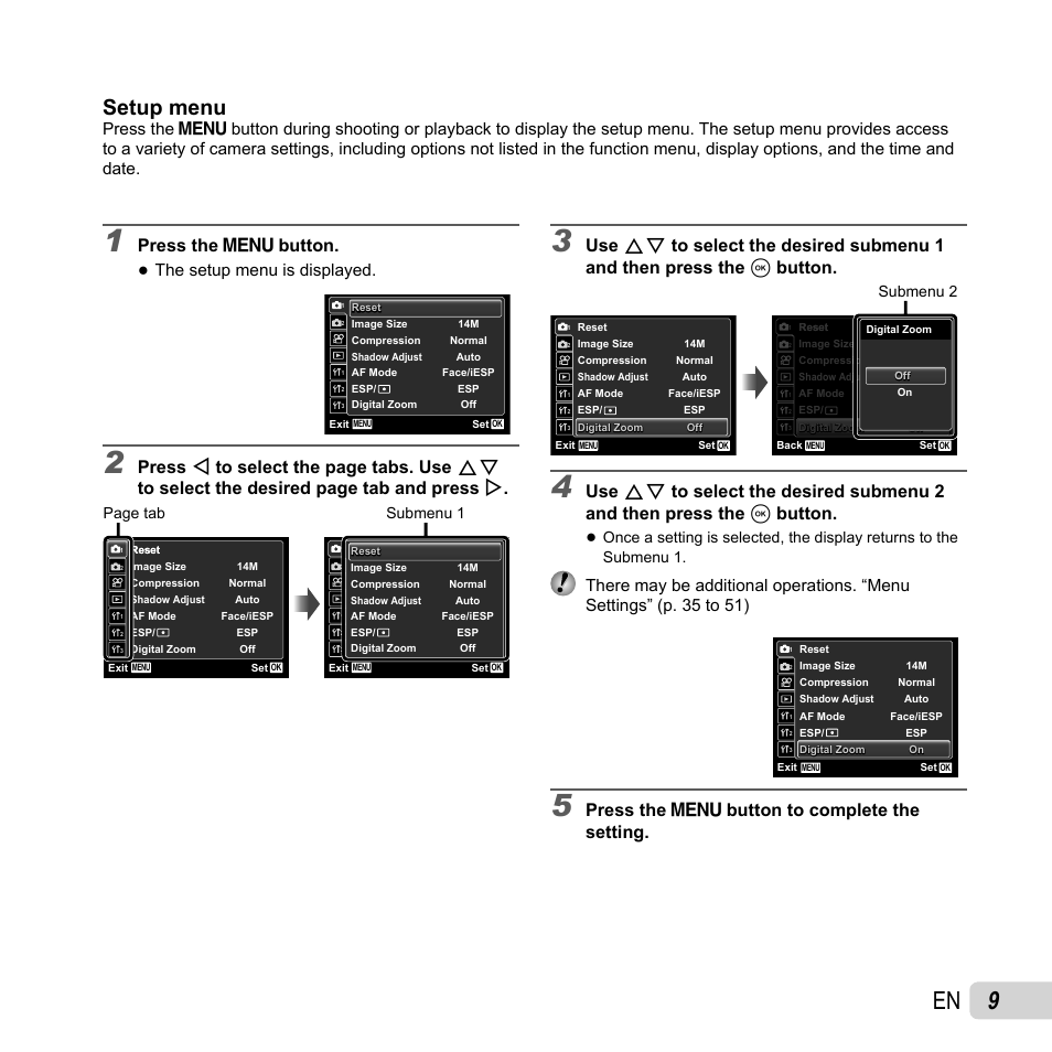 Setup menu, Press the m button, Press the m button to complete the setting | The setup menu is displayed, Page tab, Submenu 1, Submenu 2 | Olympus SZ-14 User Manual | Page 9 / 80