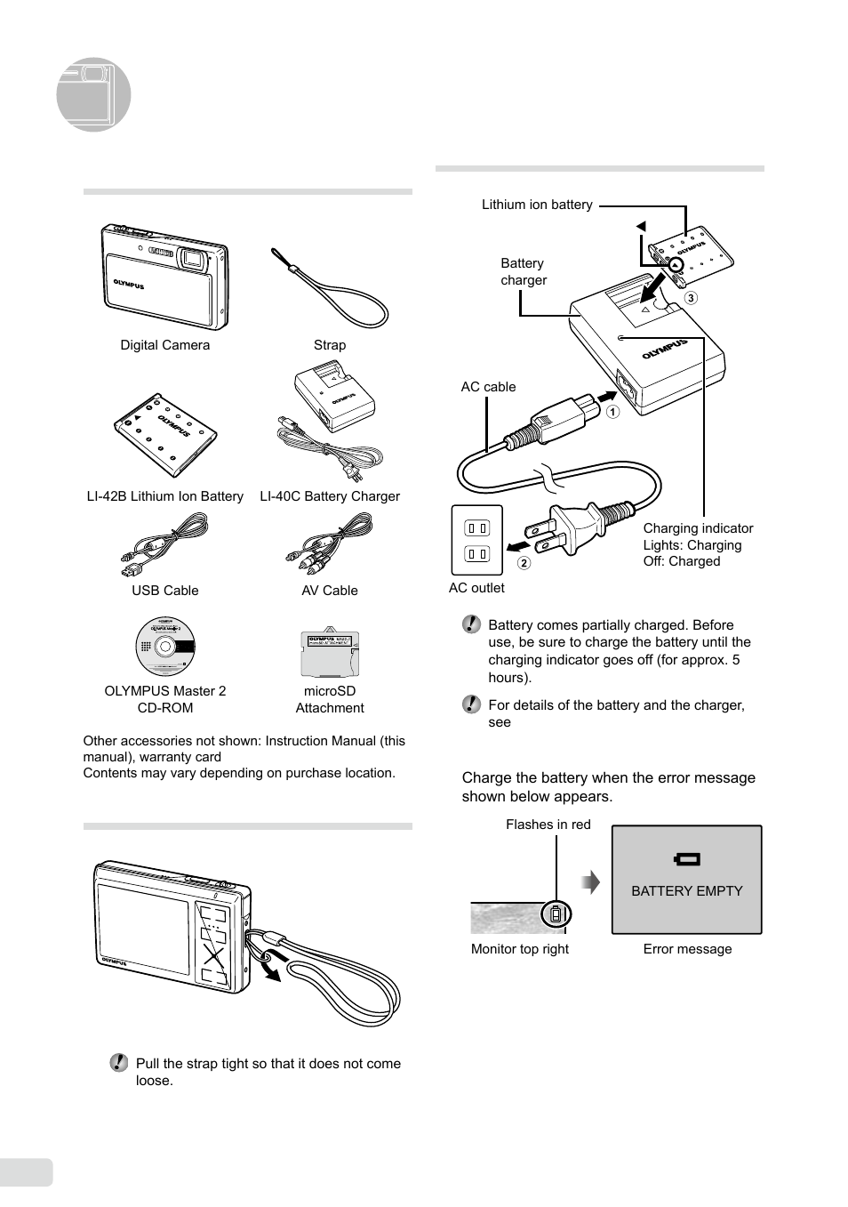 Preparing the camera, Checking the contents of the box, Attaching the camera strap | Charging the battery, 10 en checking the contents of the box | Olympus µ 1040 User Manual | Page 10 / 63