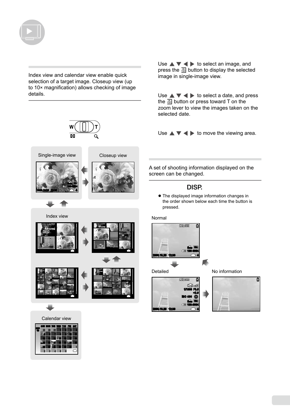 Using playback features, Index view, calendar view, and closeup view, Changing the image information display | 1 en, Press the g button, Press toward w or t on the zoom lever, Use cefd to move the viewing area, Magnification) allows checking of image details | Olympus µ 1040 User Manual | Page 21 / 63