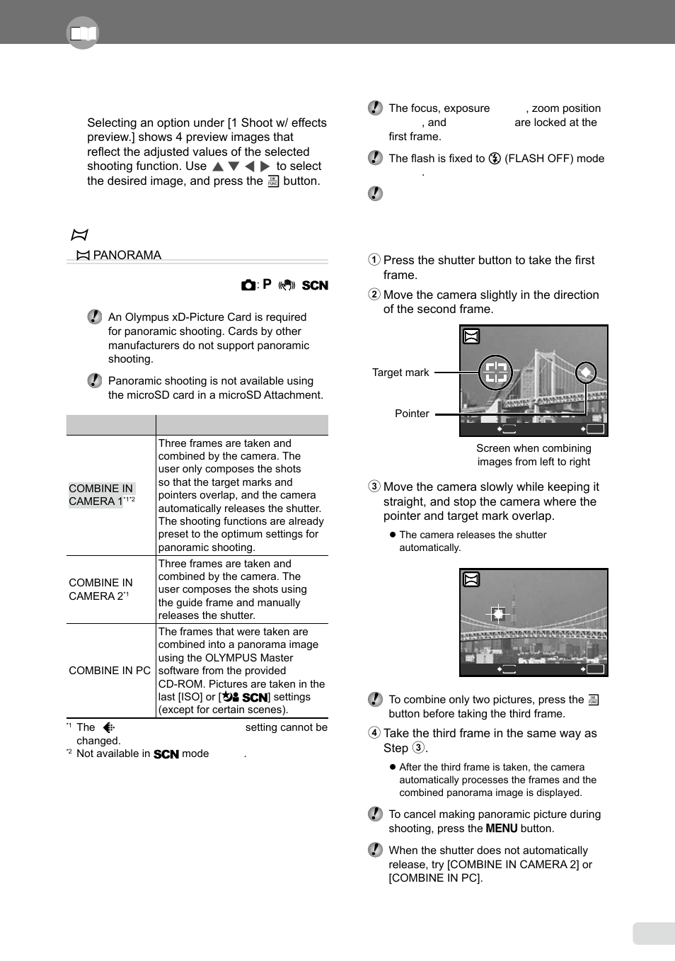 Creating panoramic images, Creating panoramic images [ m panorama | Olympus µ 1040 User Manual | Page 27 / 63